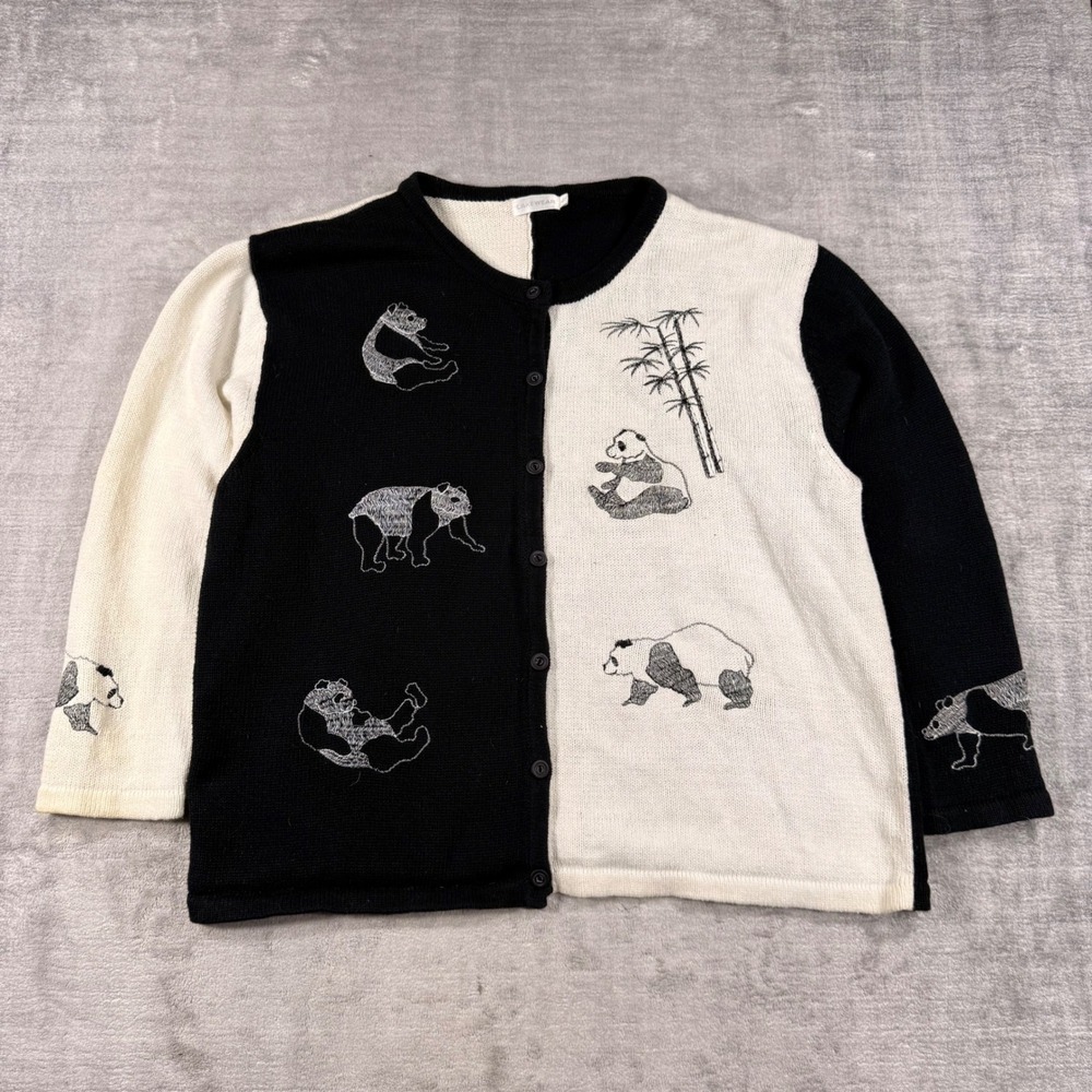 Panda Cardigan Women XL Black White Vintage Colorblock Embroidered Knit Sweater